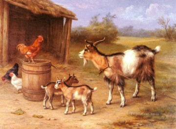 Une cour de ferme avec chèvres et poulets ferme animaux Edgar Hunt Peinture à l'huile